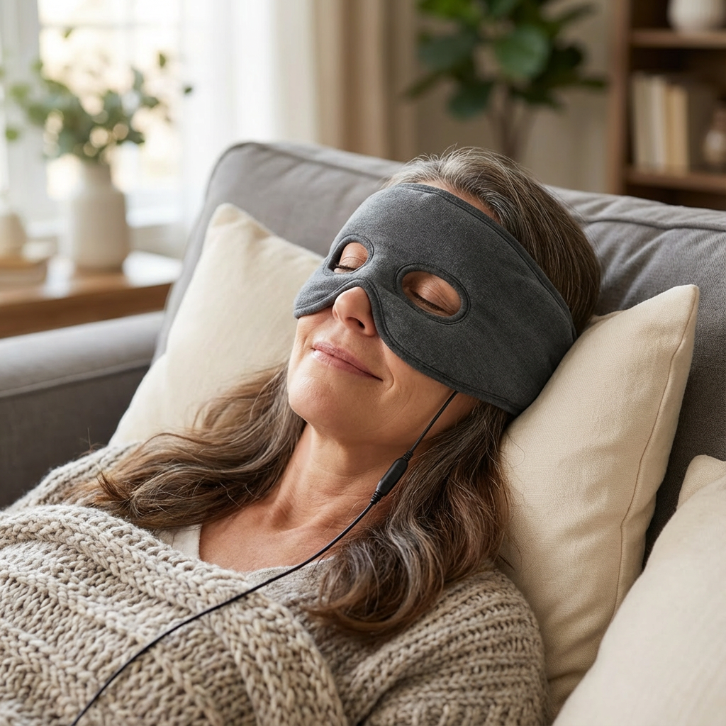 Frau entspannt mit der VitaHeim Warm Mask